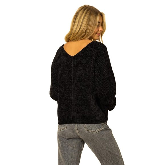 COPY - DOUBLE ZERO BLACK V NECK DROP SHOULDER CHENILLE SWEATER - NWT - SZ: S/M/L - Picture 5 of 11